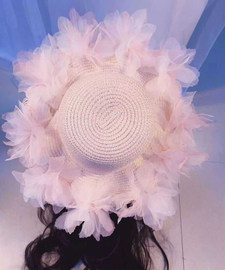 Summer Straw Woven Sun Hat With Large Lace And Large Flowers