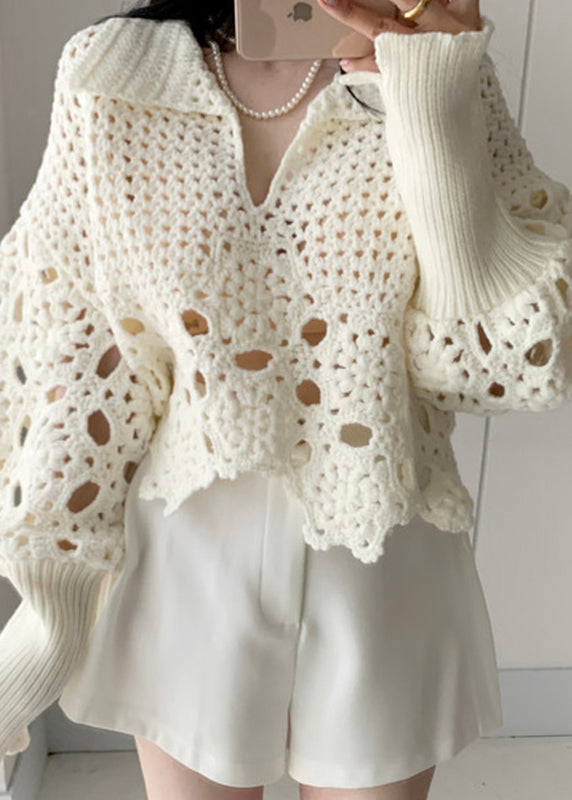 Sweet Beige Hollow Lantern Sleeve Knitted Sweater Autumn