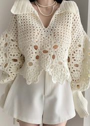 Sweet Beige Hollow Lantern Sleeve Knitted Sweater Autumn