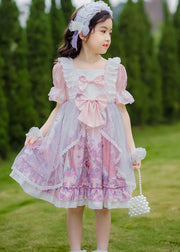 Sweet Pink Ruffled Bow Character Patchwork Tulle Kids Girls Princess Dress Summer