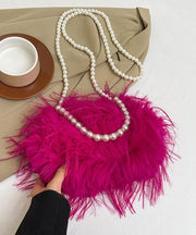 Sweet Rose Pearl Tassel Feather Fuzzy Fur Tote Handbag