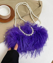 Sweet Rose Pearl Tassel Feather Fuzzy Fur Tote Handbag