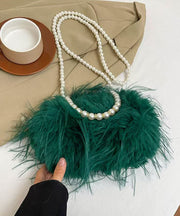 Sweet Rose Pearl Tassel Feather Fuzzy Fur Tote Handbag