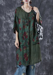 Tea Green Patchwork Linen Dress Print Pockets Summer