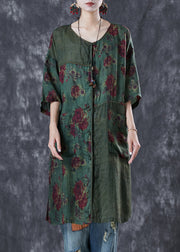 Tea Green Patchwork Linen Dress Print Pockets Summer