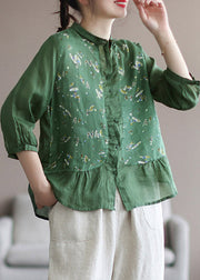 Tea Green Peter Pan Collar Button Linen Shirt Long Sleeve