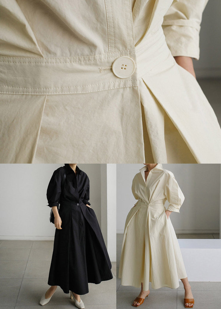 2024 Black - texture Peter Pan Collar Pockets Cotton Dress Long Sleeve