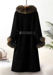 Top Quality Black Fox Collar Pockets Tie Waist Cashmere Coats Winter