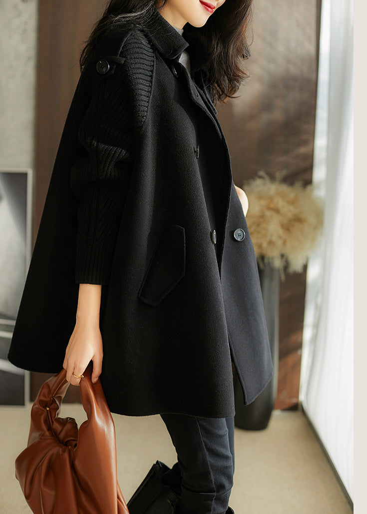 2025 Black Peter Pan Collar Pockets Woolen coats Spring