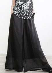 Top Quality Black Pockets Elastic Waist Thin Linen Wide Leg Pants Spring