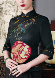 Top Quality Black Stand Collar Button Silk Top Half Sleeve