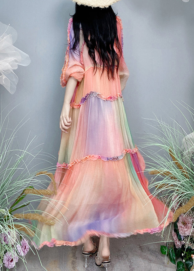 Top Quality Gradient Color Ruffled Patchwork Silk Exra Large Hem Long Dress Fall