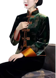 Top Quality Green Embroidered Button Patchwork Silk Coat Fall