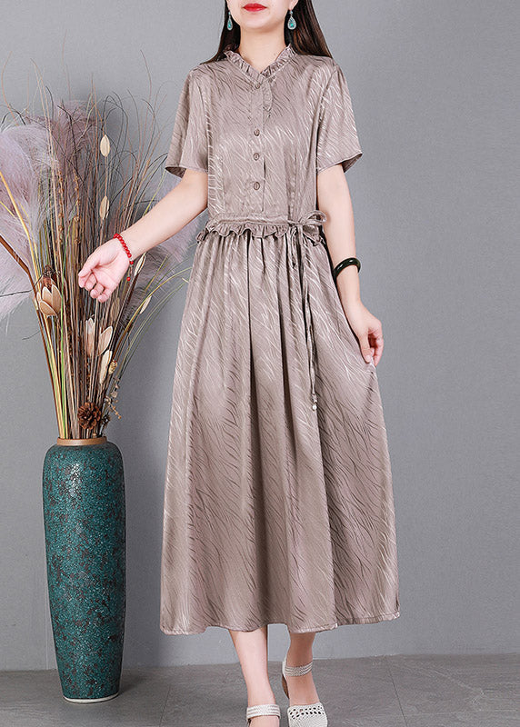 2022 Lotus Root Pink V Neck Button Drawstring Silk Dresses Short Sleeve