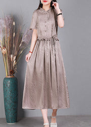 2022 Lotus Root Pink V Neck Button Drawstring Silk Dresses Short Sleeve