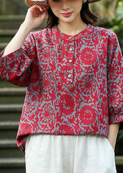 2025 Red O-Neck Jacquard Linen Blouse Tops Bracelet Sleeve