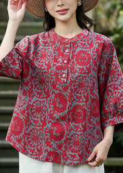 2022 Red O-Neck Jacquard Linen Blouse Tops Bracelet Sleeve