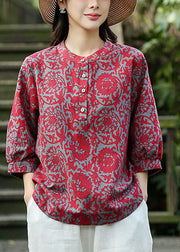 2022 Red O-Neck Jacquard Linen Blouse Tops Bracelet Sleeve