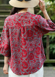 2025 Red O-Neck Jacquard Linen Blouse Tops Bracelet Sleeve