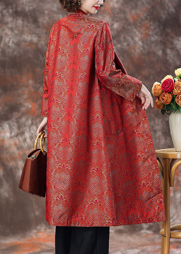 Top Quality Red Stand Collar Button Silk Coats Spring