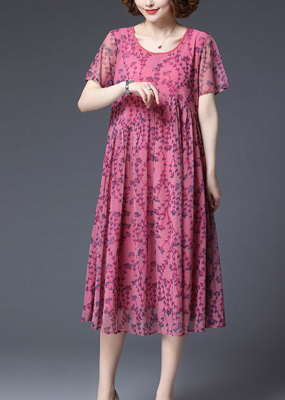 2022 Rose Wrinkled Chiffon Vacation Dress Short Sleeve