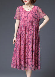 2024 Rose Wrinkled Chiffon Vacation Dress Short Sleeve