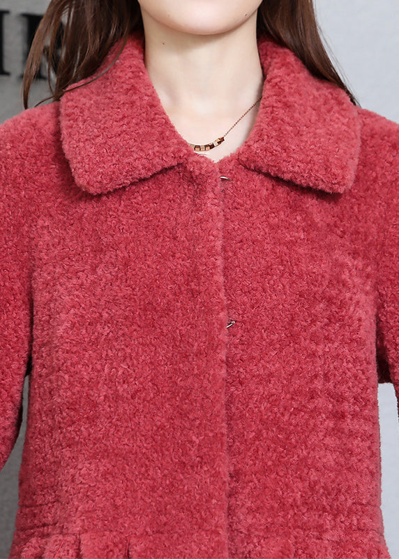 Top Quality Watermelon Red Wrinkled Pockets Woolen Coats Long Sleeve