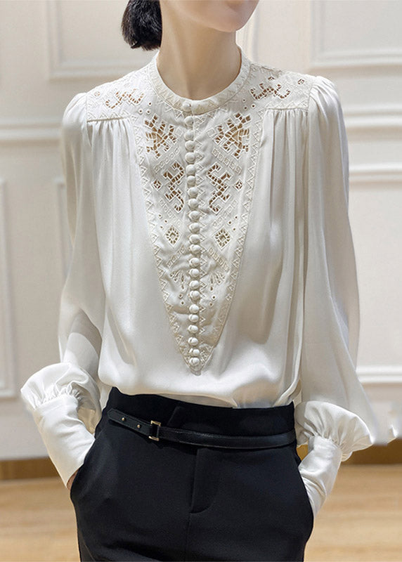 2025 White O-Neck Embroideried Floral Silk Shirt Long Sleeve