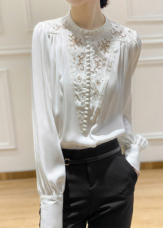 2025 White O-Neck Embroideried Floral Silk Shirt Long Sleeve