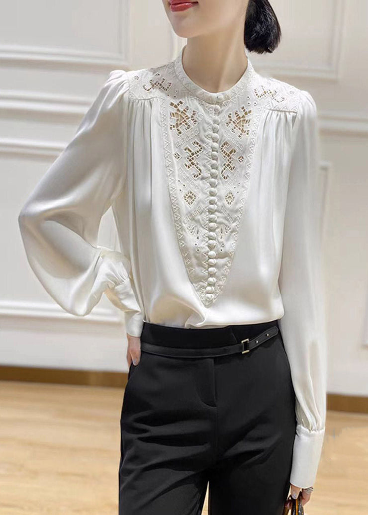 2025 White O-Neck Embroideried Floral Silk Shirt Long Sleeve