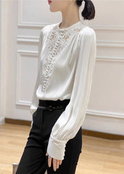 2025 White O-Neck Embroideried Floral Silk Shirt Long Sleeve