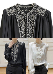 2024 White O-Neck Embroideried Floral Silk Shirt Long Sleeve