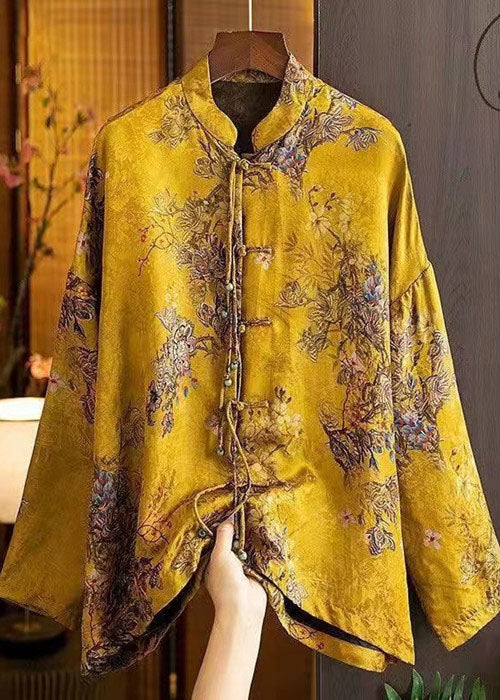 2025 Yellow Stand Collar Oriental Button Patchwork Tassel Jacquard Silk Shirt Top Long Sleeve