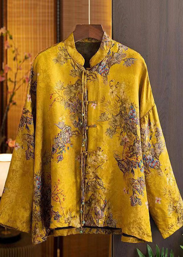 2025 Yellow Stand Collar Oriental Button Patchwork Tassel Jacquard Silk Shirt Top Long Sleeve