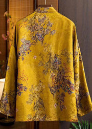 2025 Yellow Stand Collar Oriental Button Patchwork Tassel Jacquard Silk Shirt Top Long Sleeve