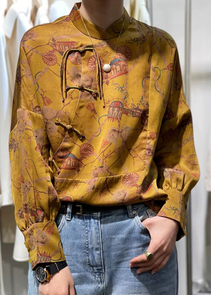 2024 Yellow Stand Collar Patchwork Print Shirt Top Spring