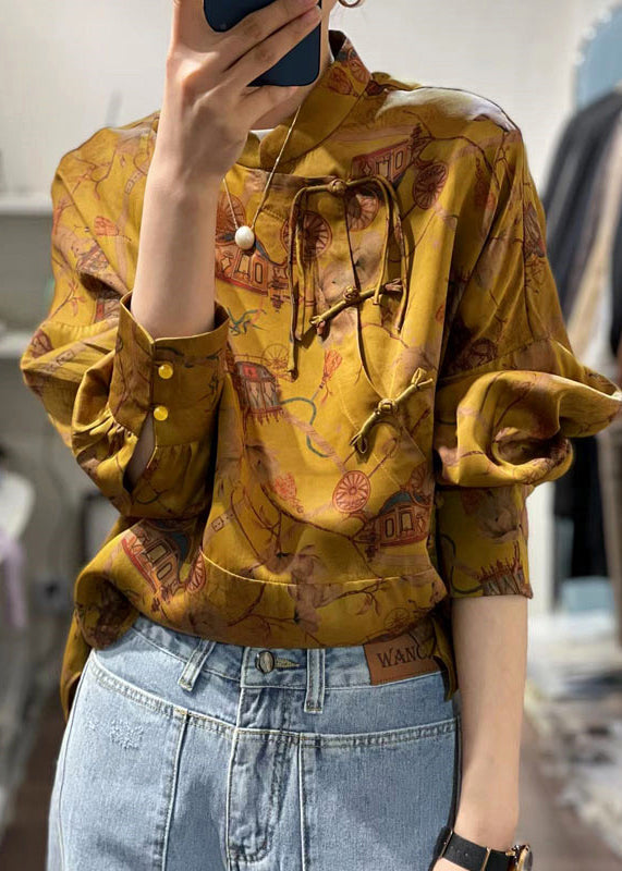 2022 Yellow Stand Collar Patchwork Print Shirt Top Spring