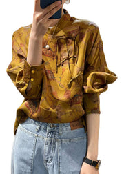 2022 Yellow Stand Collar Patchwork Print Shirt Top Spring