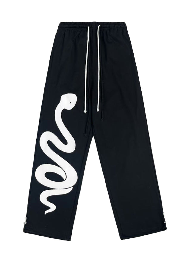 Trendy Black Print Elastic Waist Cotton Sport Pants Spring