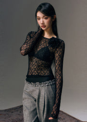 Trendy Sexy Black Bead Chain Linked Lace Top Fall