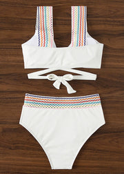 Trendy White Patchwork Backless Swimwear Two Pieces Set