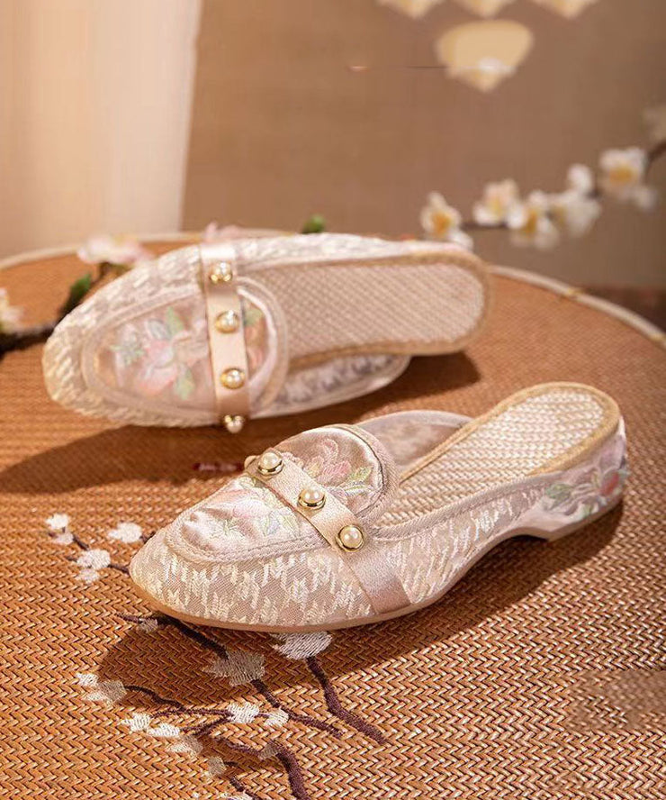 Tulle Embroideried Nail Bead Splicing Pink Elegant Slide Sandals