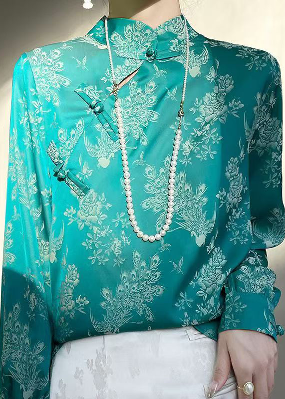 Turquoise Print Silk Shirt Stand Collar Fall