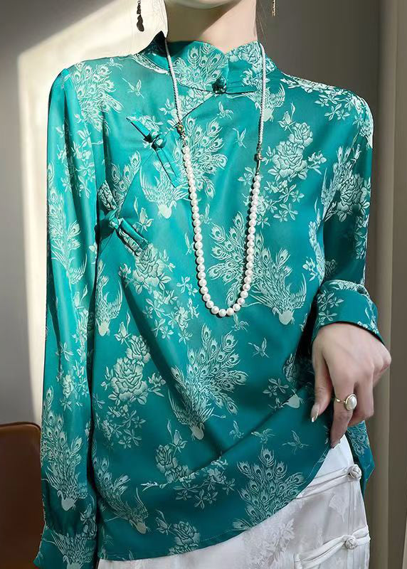 Turquoise Print Silk Shirt Stand Collar Fall