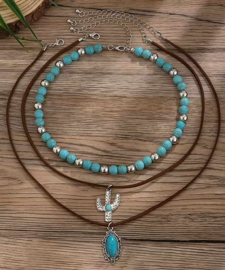 Unique Alloy Turquoise Beading Cactus Three Piece Set Pendant Necklace