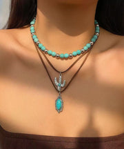 Unique Alloy Turquoise Beading Cactus Three Piece Set Pendant Necklace