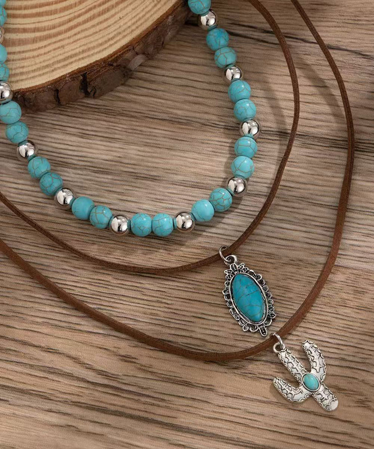 Unique Alloy Turquoise Beading Cactus Three Piece Set Pendant Necklace