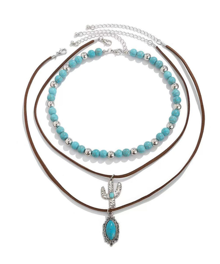 Unique Alloy Turquoise Beading Cactus Three Piece Set Pendant Necklace