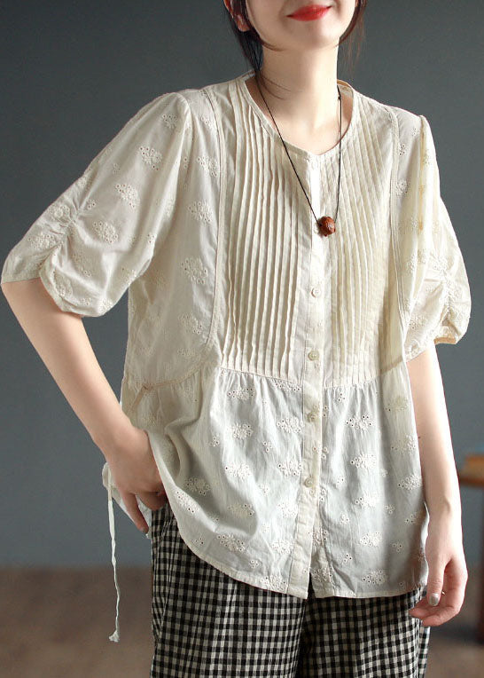 Unique Apricot Hollow Out Embroideried Wrinkled Patchwork Cotton Top Summer