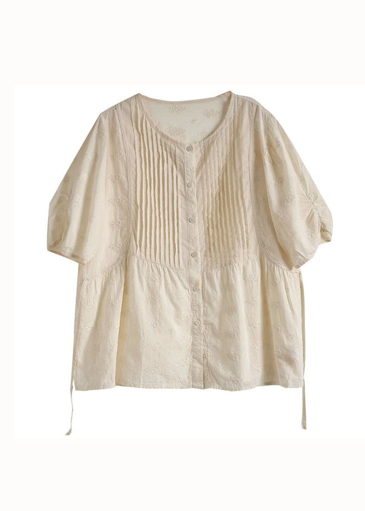 Unique Apricot Hollow Out Embroideried Wrinkled Patchwork Cotton Top Summer